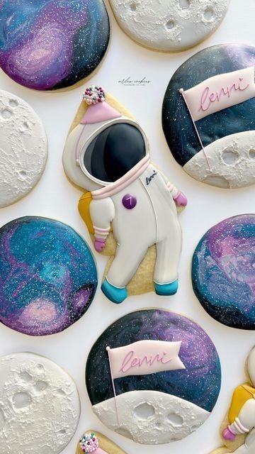 Galaxy Decorated Cookies, Space Royal Icing Cookies, Planets Cookies, Space Cookies Decorated, Galaxy Sugar Cookies, Space Sugar Cookies, Planet Cookies, Astronaut Cookies, Cookie Painting