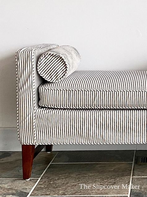 Sofa Stripes Fabrics, Ticking Stripe Ottoman, Ticking Stripe Couch, Ticking Stripe Armchair, Ticking Sofas, Diy Slipcovers For Couch, Ticking Sofa, Sofa Alternatives, Sofa Slipcover Ideas