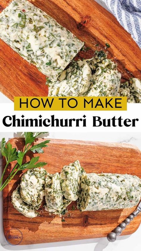 This chimichurri butter recipe is so easy to make and is a great condiment recipe to add flavor to your meals. Add tons of fresh, creamy flavor to your meals with chimichurri butter, a mix of bright, tangy chimichurri and rich softened butter. It's a delicious spread for bread, grilled meats, or a flavorful addition to roasted veggies. Here I feature a chimichurri butter board. Easy and simple chimichurri butter recipe. Chimichurri Butter Recipes, Chimichurri Butter, Spread For Bread, How To Make Chimichurri, Cilantro Butter, Cilantro Chimichurri, Flavored Butter Recipes, Cilantro Parsley, Compound Butter Recipe