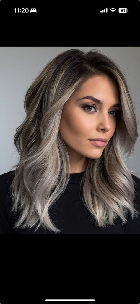 Ombre Hair Color Ash Blonde, Hair Color Ideas For Brunettes Going Blonde, Blond With Dark Lowlights, Blonde Balayage With Dark Underneath, Dark Roots Ashy Blonde Hair Balayage, Blonde Ash Hair Color Ideas, Highlight Lowlight Blonde Fall, Fall Shadow Root Blonde, Grey Blend Highlights