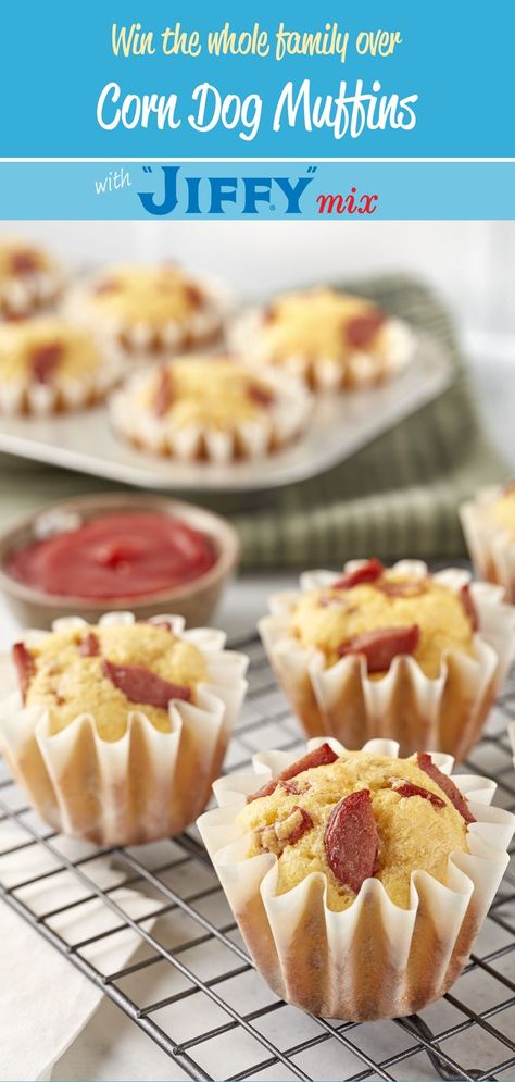 Win the whole family over with "JIFFY" Corn Dog Muffins.

Made with: "JIFFY" Corn Muffin Mix. Jiffy Corn Dogs, Dog Muffins Recipe, Honey Corn Muffins, Cake Mix Fudge, Jiffy Mix Recipes, Jiffy Recipes, Dog Muffins, Jiffy Cornbread Recipes, Corn Dog Muffins