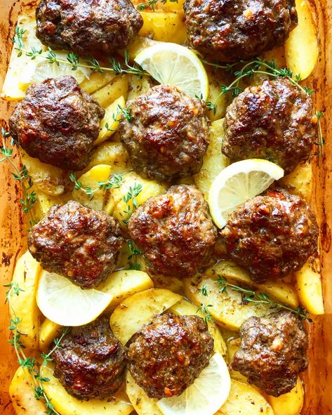 Mediterranean Lamb Meatballs, Meatballs And Potatoes Recipes, Greek Meatballs With Orzo, Pomegranate Meatballs, Greek Beef Meatballs, Traditional Greek Recipes, Traditional Greek Food, Greek Meatballs Recipe, Oven Meatballs