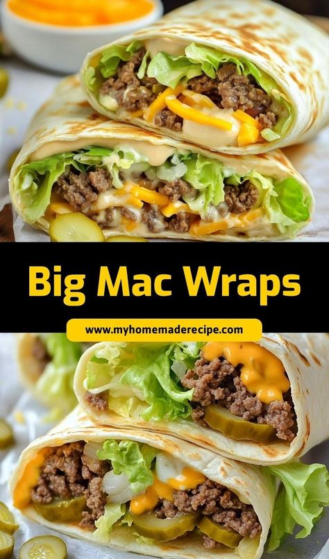 These Big Mac Wraps bring the classic flavors of a Big Mac into a fun and easy wrap! Loaded with beef, cheese, pickles, and special sauce, they’re perfect for a quick meal at home. Big Mac Wrap Recipe, Big Mac Crunch Wrap, Big Mac Bowls, Big Mac Wrap, Keto Big Mac, Homemade Big Mac Sauce, Cheeseburger Wraps, Cheese Pickles, Homemade Big Mac