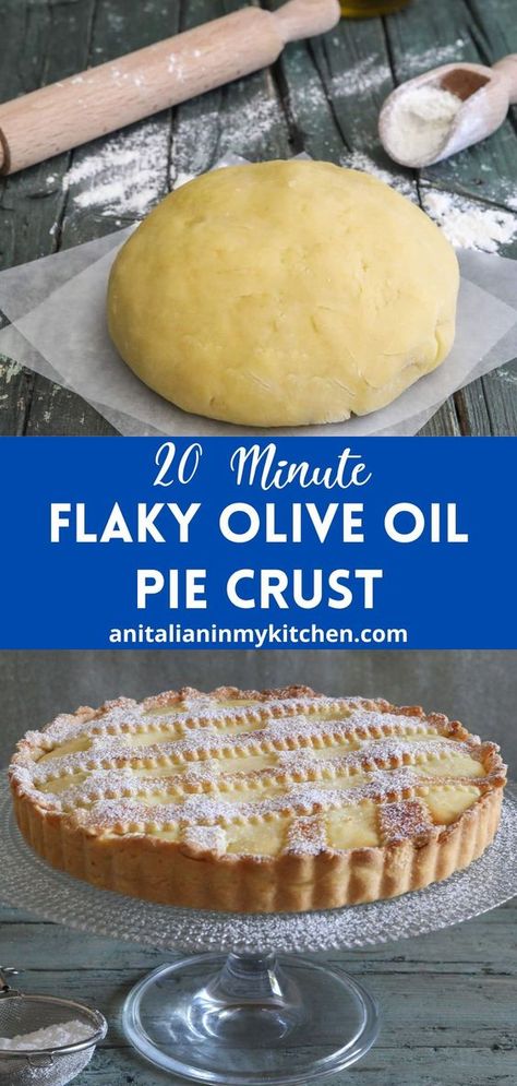 This no fuss, olive oil pie crust is easy to make with flaky, tender results and a rich delicious taste. This easy homemade pie crust is simple to make in 20 minutes with tender, flaky results! It’s an easy dough recipe perfect for a variety of recipes, from pies to starts to delicious crostate. Olive Oil Pie Crust Recipe, Olive Oil Pie Crust, Easy Dough Recipe, Tart Dough Recipe, Easy Homemade Pie Crust, Easy Homemade Pie, Savory Pie Crust, Authentic Italian Desserts, Oil Pie Crust