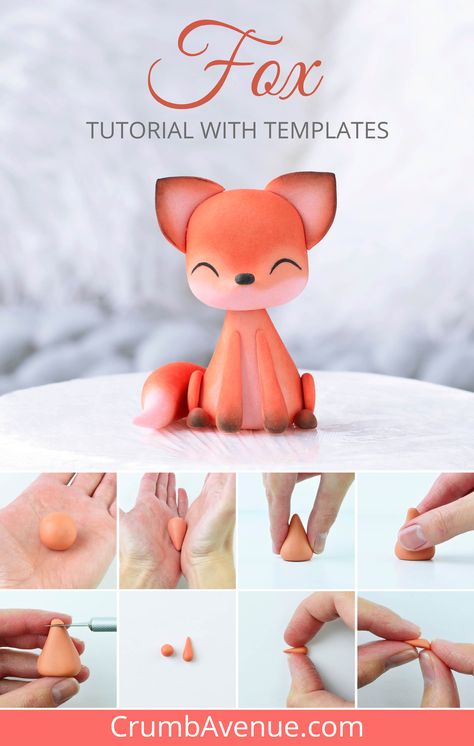 Clay Forest Animals, Polymer Clay Cake Toppers, Clay Fox Tutorial, Polymer Clay Fox Tutorial, Fox Polymer Clay, Polymer Clay Animals Step By Step, Fox Cake Ideas, Polymer Clay Forest, Cute Cake Toppers