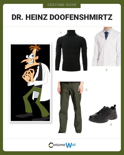 Go mad and dress up as Dr. Heinz Doofenshmirtz, the evil yet oddly endearing mad scientist from Phineas and Ferb. Villain Costumes Men, Dr Phil Costume, Men’s Cosplay, Dr Doofenshmirtz Costume, Dr Nefario Costume, Doofenshmirtz Costume, Disney Character Outfits Spirit Week, Halloween Costumes Man, Disney Costumes For Men