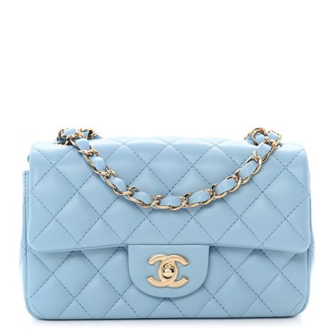 This is an authentic CHANEL Lambskin Quilted Mini Rectangular Flap in Light Blue. This chic petite shoulder bag is crafted of diamond quilted lambskin leather in a light blue. The crossbody bag features a long gold chain-link leather threaded shoulder strap and a front flap with a gold CC turn-lock. The flap opens to an interior of matching light blue leather interior with zipper and patchpockets. Light Blue Chanel Bag, Bri Aesthetic, Light Blue Purse, Most Expensive Handbags, Chanel Mini Rectangular, Chanel Crossbody, Handbags For School, Purple Quilts, Expensive Handbags