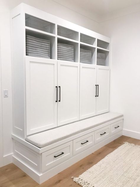 A Simply Organized Mudroom with The Best New Bins! - simply organized Mud Room Basement Entry, Simple Mudroom Lockers, Flioating Storage Unit For Mudroom, Stained Mudroom Lockers, Mudroom Cubby Dimensions, Organized Mudroom, Mudroom Locker Width, Simply Organized, Remodel House