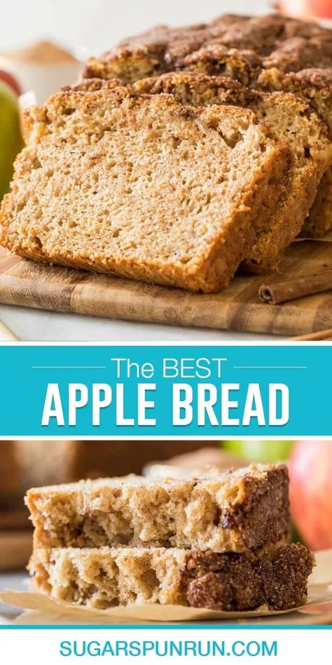 My super moist and tender Apple Bread recipe is loaded with sweet apples and topped with a crisp cinnamon sugar crust. This recipe is easy, with just 15 minutes of prep! Best Apple Bread Recipe, Cozy Food, Sugar Spun Run, Apple Bread Recipe, Sweet Apples, Apple Fritter Bread, Apple Recipes Easy, Homemade Muffins, Apple Bread