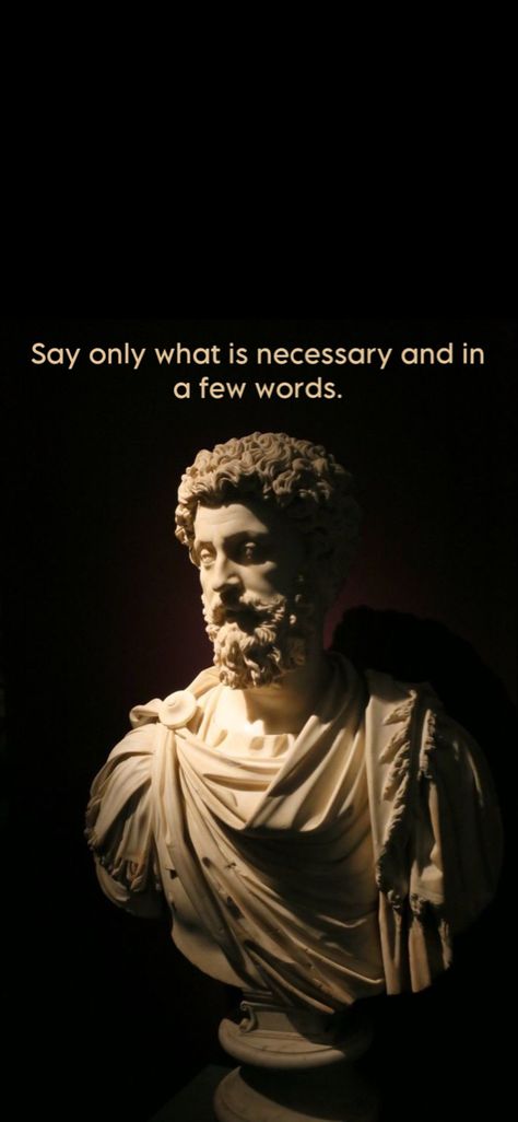 A bust of Marcus Aurelius with the text “Say only what is necessary and on a few words.” Stoic Philosophy Wallpaper, Marcus Aurelius Wallpaper Iphone, Stoic Wallpaper Aesthetic, Stoic Art Wallpaper, Marcus Aurelius Quotes Wallpaper, Stoicism Wallpaper Aesthetic, Stoic Quotes Wallpaper, Marcus Aurelius Wallpaper, Stoic Wallpaper Iphone