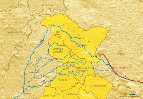 Indus river is a west-flowing river that originates in the Tibetan plateau near Lake Mansarovar. After entering India. Indus River System Map, Indian River Map 3d, Indus River System, Tibetan Mountains, Indian River Map, Education Hacks, Ancient India Map, Godavari River, Tibetan Plateau