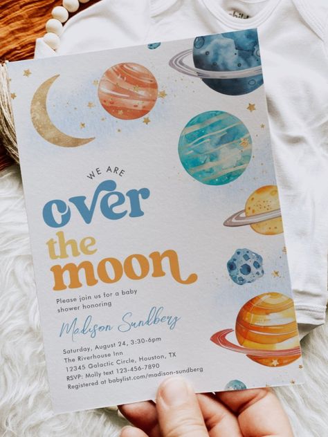 A charming baby shower invitation adorned with vibrant planets and moons, ideal for welcoming a new little star. Outer Space Baby Shower Ideas, Unique Baby Shower Themes For Boys, Baby Shower Space Theme, Space Baby Shower Ideas, Houston We Have A Boy, Moon Baby Shower Theme, Space Theme Nursery, Outer Space Baby Shower, Moon Baby Shower Invitation