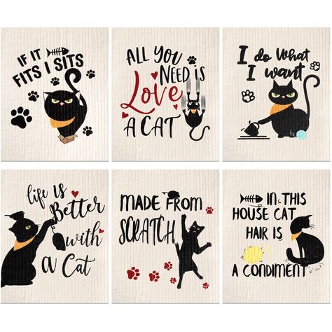 PRICES MAY VARY. Cute and Funny Black Cat Pattern Designs: you will receive 6 different types of funny kitchen towels in black cat patterns, with a lovely appearance and beautiful color matching, which can bring warmth and vividness when you clean, allowing you to clean and decorate your kitchen and with these cute and bright elements Reliable and Absorbent Material: these dish towels for kitchen are made of wood pulp sponge material, reliable and safe, absorbent and quick drying, with a clear p Sewing Blankets, Reusable Sponge, Cat Quilts, Swedish Kitchen, Cat Towel, Cat Patterns, Funny Black Cat, Swedish Dishes, Cat Skin