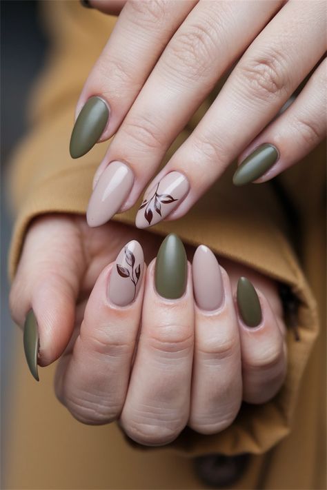 Embrace the beauty of autumn with these simple fall nail ideas that combine elegance with ease. Picture soft taupe nails adorned with delicate gold accents, capturing the cozy essence of the season. This look is perfect for any occasion, from pumpkin spice lattes to festive gatherings. Elevate your nail game without the fuss and enjoy a lovely, stylish finish. Discover more about this chic idea to glow through fall! #FallNailIdeas #SimpleNails #AutumnStyle Olive Green Fall Nails, Leafy Nails, Plant Nail Art, Simple Fall Nail Ideas, Simple Fall Nail, Olive Nails, Taupe Nails, Fall Ball, Fall Nail Ideas