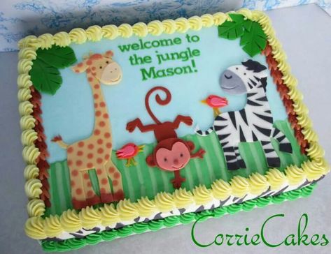 Safari Sheet Cake, Jungle Theme Baby Shower Cake, Jungle Baby Shower Cake, Baby Shower Cake Ideas, Animal Baby Shower Cake, Baby Shower Sheet Cakes, Jungle Theme Baby Shower, Safari Baby Shower Cake, Cars Theme Cake