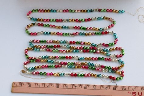 vintage Japan multi colored mercury glass beads string Christmas tree garland decoration Glass Bead Garland Christmas Tree, String Christmas Tree, Bead Garland Christmas Tree, Garland Decoration, Laurel Leaves, Christmas Tree Garland, Tree Garland, Fancy Beads, Christmas Bead