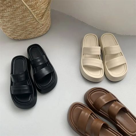 Sandals Shoes for Women Home Outside Thick Open Toe with Heel House Slides on Word Rubber Beach Women Slippers Fashion, Toe Slippers, Open Toe Slippers, Platform Flats, Womens Mary Janes, Beach Slides, Rubber Sandals, Mary Jane Shoes Womens, Heel Slippers