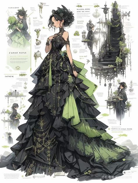 Black Princess Dresses, Demon Assassin, Slytherin Dress, Black Green Dress, Black Gothic Dress, Black And Green Dress, Vestidos Anime, Gala Outfit, Dark Green Dress