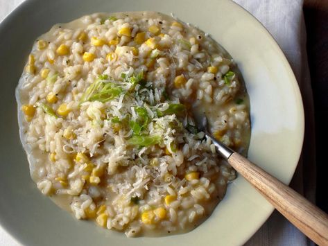 Sweet Corn Risotto with Herbes de Provence Recipe | Cat Cora | Food Network Corn Broth, Sweet Corn Risotto, Thanksgiving Corn Recipes, Baked Corn Casserole, Thanksgiving Corn, Corn Risotto, Creamed Corn Cornbread, Cornbread With Corn, How To Make Risotto