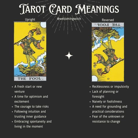 Happy Tarot Tuesday! The Fool is a symbol of new beginnings, innocence, and spontaneity. As the first card of the Major Arcana, it represents a leap into the unknown without fear. This card encourages embracing opportunities, trusting intuition, and approaching life with a sense of wonder. While it can signify optimism and excitement, The Fool can also warn against recklessness if reversed. Ultimately, this card is a reminder to live in the present moment and to trust the journey. . . . . . ... Trusting Intuition, Tarot The Fool, Trust The Journey, Tarot Reading Spreads, The Major Arcana, Tarot Tips, Tarot Meanings, Fear Of The Unknown, Inner Guidance