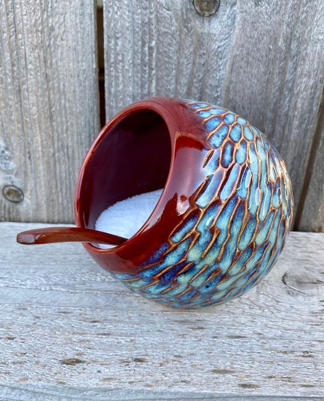 "Please note my turnaround time is 4-6 weeks. Please contact me if you need an item sooner and I can let you know when my next kiln firing will be. All pieces unless otherwise noted are made to order Made to order salt cellar holds approximately 1 cup of salt and comes with a  wooden spoon. 4 1/2\" x 4 1/2\" This listing is for ONE salt cellar. Please choose the color you would like.  PLEASE NOTE: \"stone\" is a matte glaze. It is not shiny like the others colors. Each piece is made by hand out Salt Pig Pottery, Wooden Salt Cellar, Pottery Soap Dispenser, Ceramic Cafe, Ceramics Pottery Bowls, Salt Pig, Coil Pots, Ceramic Soap Dispenser, Colorful Pottery