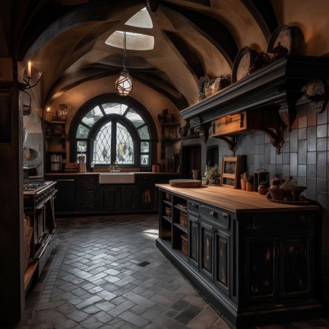 Dark Rustic Kitchen Ideas, Tavern Kitchen Decor, Hobbit House Kitchen, Hobbit Inspired Kitchen, Rustic Victorian House, Gothic Cottage Kitchen, Dark Academia Aesthetic Kitchen, Modern Castle Interior, Dark Academia Kitchen Aesthetic