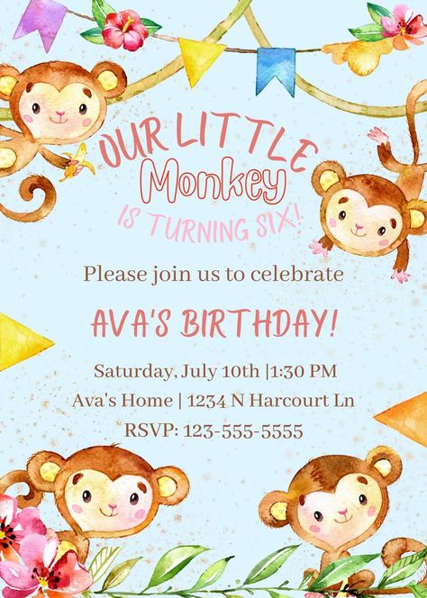 Purchase this listing and print as many as you need! I will do the personalization for you and you'll receive your customized invite via email. Please visit my shop to browse more invites! Monkey Birthday Party, Monkey Birthday Parties, Monkey Birthday, Free Thank You Cards, Cute Monkey, Little Monkeys, Monday Night, Custom Invitations, Birthday Party Invitations