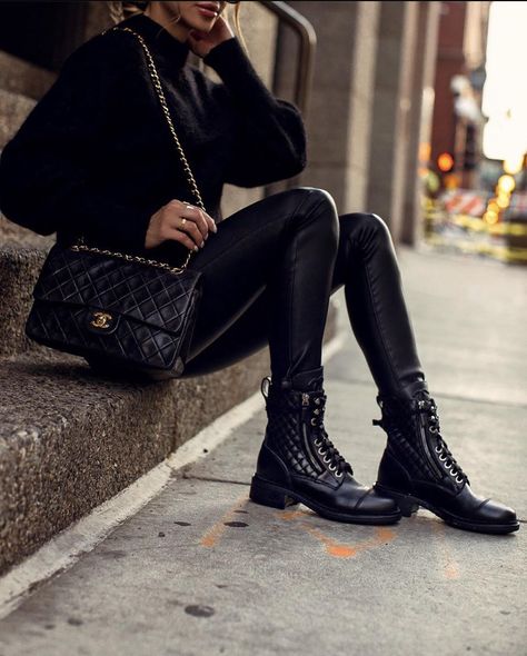 All-Black Outfits to Copy for Fall | She Sweats Diamonds Military Boots Outfit, Black Combat Boots Outfit, Chanel Combat Boots, Black Chunky Knit Sweater, Combat Boot Outfits, Combat Boot Outfit, Mia Mia Mine, Mia Mia, Denim Wear