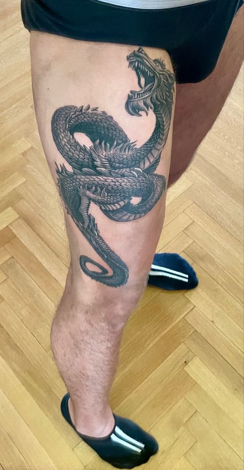 Dragon Tattoo Thigh Men, Men’s Dragon Tattoo, Jordans Tattoo, Dragon Calf Tattoo, Dragon Thigh Tattoo, Jordan Tattoo, Upper Leg Tattoos, Thigh Tattoo Men, Him And Her Tattoos