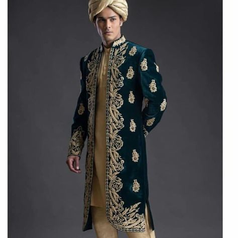 indian designer sherwani . Whatsapp +918888328116 or ethnicdia@gmail.com for inquiries . #sherwani#weddingweari#weddingsherwani Walima Outfit, Velvet Sherwani, Sherwani Design, Achkan For Men, Green Sherwani, Groomsmen Shoes, Wedding Fits, Male Wedding, Mens Sherwani