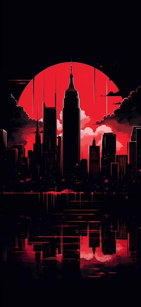 Vibrant red aesthetic image of the New York City skyline. City On Fire Background, Crimson Red Wallpaper Aesthetic, Dark City Skyline, New York Red Aesthetic, Red City Aesthetic Wallpaper, Aesthetic Male Wallpaper, Fiery Wallpaper, Red City Wallpaper, Red Lock Screen Wallpaper