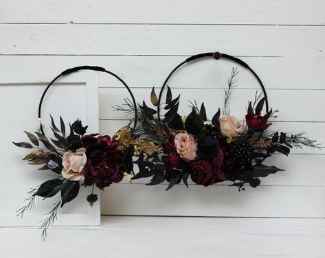 Deep purple black gold beige hoop Alternative bridesmaid | Etsy Hades Wedding, Wedding Floral Backdrop, Boho Moody, Hoop Bouquet, Alternative Bridesmaid, Fall Bridal Bouquet, Bouquet Fall Wedding, Faux Bouquet, Dark Wedding Theme