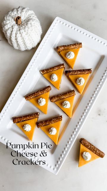 Steph | Healthy Family Recipes & Food Hacks on Instagram: "How cute are these little Pumpkin Pie Cheese & Crackers?!? They’re a fun kid-friendly, healthy Thanksgiving appetizer. You only need 4 ingredients and they’re easy to make! ⭐️ Follow for more simple recipes! ⭐️ Pumpkin Pie Cheese & Crackers Ingredients: - 1 block of cheddar cheese - cream cheese - pretzel rods - triangular crackers (I used @simplemills veggie flour pita crackers) Directions: 1. Cut the pretzel rods to the length of the Turkey Veggie Tray, Thanksgiving Appetizers Healthy, Pita Crackers, Crackers Appetizers, Cheese Ball Bites, Thanksgiving Appetizer, Block Of Cheese, Fall Appetizers, Easy Pumpkin Pie