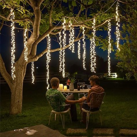 Tree Garden Decor, Shower Lights, Icicle Christmas Lights, Rain Lights, Tree With Lights, Led String Lights Outdoor, Outdoor Fairy Lights, Shower Lighting, Under A Tree