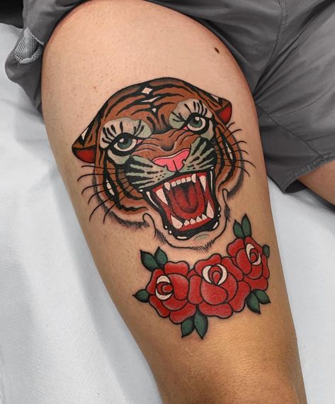 Traditional tattoo with author's handwriting by Julian Columbia | iNKPPL Tiger Tattoo Designs, Traditional Tiger Tattoo, Tiger Head Tattoo, Neo Tattoo, Leopard Tattoos, Tiger Tattoo Design, Modern Tattoos, Tattoo Magazines, Up Tattoos