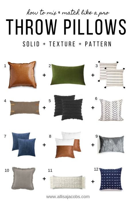 A quick formula to easily mix and match pillows for a cozy, cohesive space! #pillows #throwpillows #interiordesign Couch Pillow Arrangement, Mix And Match Pillows, Throw Pillow Arrangement, Space Pillows, Neutral Throw Pillows, Throw Pillows Living Room, Pillow Arrangement, Diy Casa, Grey Pillows