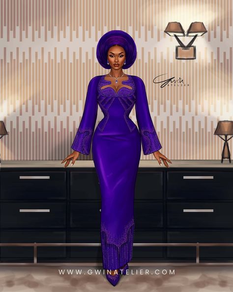 IM-01 Presenting this stunning look featuring a blue-purple iridescent Asooke gown with a mesmerizing undulating neckline. The dress is adorned with intricate beading at the neckline, sleeve hems, and hem of the skirt, extending from the underbust to the hip. Inspired by the natural grains and cross-sections of wood, the beading adds a touch of organic elegance to detailing. ____________________________________________________ “Iyawo Mi,” meaning “my bride,” is a sophisticated fashion illust... Purple Gown With Sleeves, Gown With Sleeves, Purple Gown, African Weddings, Sophisticated Fashion, Intricate Beading, African Traditional Wedding, Purple Gowns, Ghanaian Fashion