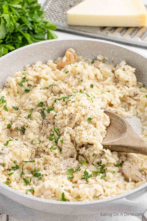 Creamy Chicken Risotto Recipe Chicken Risotto Recipe, Risotto Recipes Chicken, Rice Risotto, Chicken Alfredo Casserole, Eating On A Dime, Chicken Risotto, Slow Cooker Pork Chops, Stove Top Recipes, Favorite Dinner