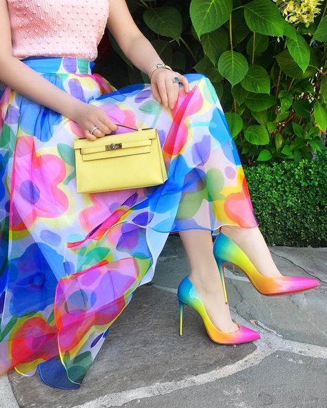 Rainbow Shoes Outfit, Cottage Outfit, Shoes In Closet, Colourful Clothes, Louboutin Pigalle, Rainbow Shoes, Summer Cottage, Shoes Outfit, فستان سهرة