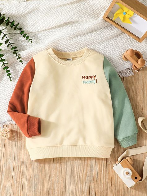 Multicolor Casual Collar Long Sleeve Fabric Colorblock,Letter Pullovers Embellished Slight Stretch  Toddler Boys Clothing Toddler Boys Sweatshirt, Toddler Boy Clothes, Shein Kids, Baby Boy Dress, Kids Dress Wear, Toddler Boy Fashion, Embroidery Sweatshirt, Letter Embroidery, Boys Sweatshirts