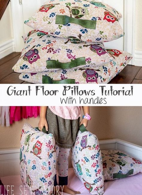 Giant Floor PIllows DIY make large floor pillows with handles tutorial from Life Sew Savory Floor Pillows Diy, Giant Floor Pillows, Pillow Making, Pillows Diy, Free Printable Sewing Patterns, Large Floor Pillows, Pillow Inspiration, Printable Sewing Patterns, Pillow Tutorial