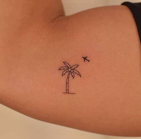 Palm Tree And Airplane Tattoo, California Fine Line Tattoo, Mini Hawaiian Tattoos, Cute Florida Tattoos, Holiday Tattoo Ideas Summer, Beach Bum Tattoo, Beach Foot Tattoo, Island Girl Tattoo, Coconut Tattoo Minimalist