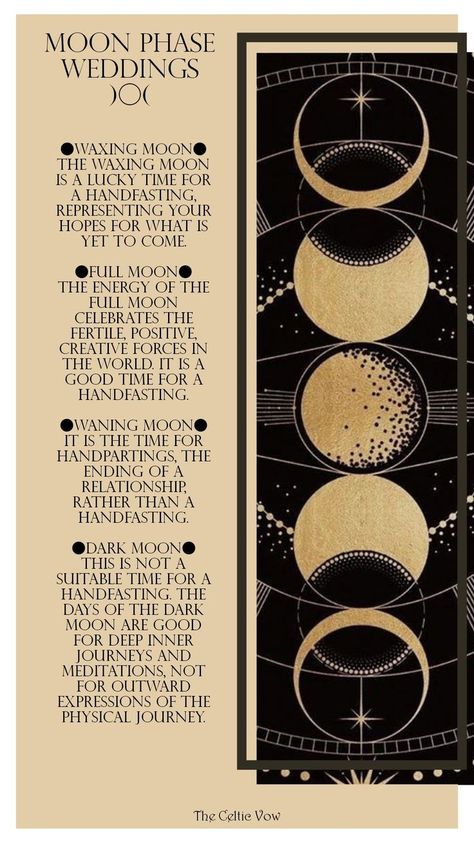 Cool information about moon phases! Glad to know our handfasting is happening during a Waxing moon ❤️ Dragon Age Wedding, Pagan Wedding Dresses, First Quarter Moon, Wiccan Wedding, Witch Wedding, Hand Fasting, Dark Wedding Theme, About Moon, Waxing Moon