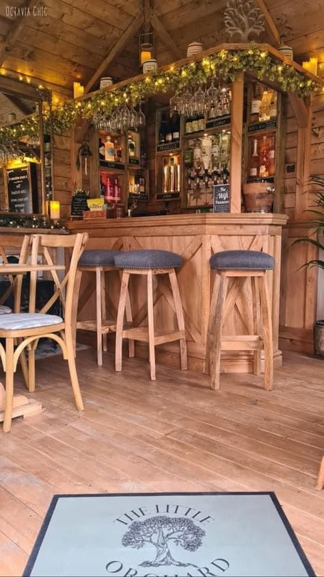 Garden Cabin Bar Ideas, Log Cabin Bar, Garden Pub Interior Ideas, Cabin Bar Ideas, Garden Pub, Garden Room Bar, Pub Shed, Backyard Pub Shed, Garden Pub Shed