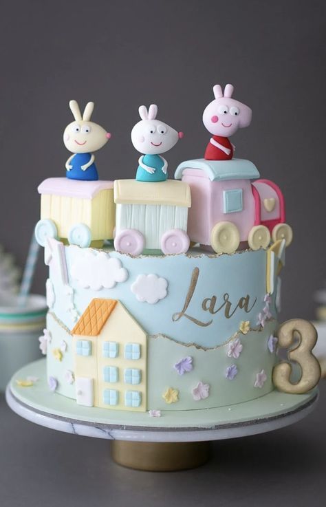 Peppa Theme Cake, Pig Birthday Theme, Peppa Pig Birthday Cake, Paw Patrol Birthday Theme, Train Birthday Cake, Blue Birthday Cakes, Pig Birthday Cakes, Peppa Pig Cake, Train Cake