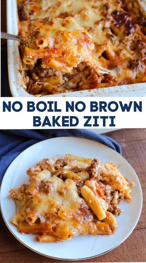 Enjoy all of the goodness of baked ziti with a fraction of the prep work! You don't have to boil the noodles or brown the meat, just layer it up and bake it to perfection. Easy Party Side Dishes, Baked Ziti Casserole, Ziti Casserole, Easy Lunch Prep, Easy Baked Ziti, Italian Sausage Pasta, Ziti Recipes, Baked Dinner, Pan Dinners