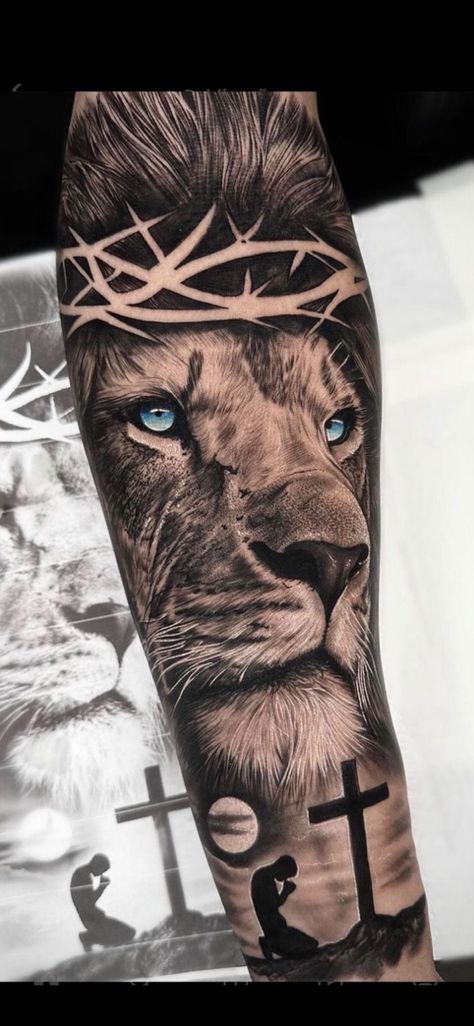 Lion And Cross Tattoo, Christian Tattoos Men, Chris Tattoo, Armor Of God Tattoo, Christus Tattoo, Tricep Tattoos, Lion Forearm Tattoos, Biblical Tattoos, Christian Sleeve Tattoo