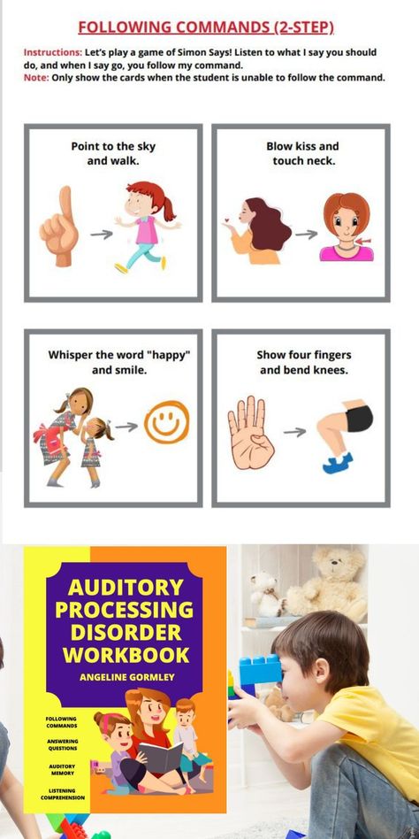 In this workbook, you will find auditory processing games and activities that tackle the following skills: Following Commands Answering Questions Auditory Memory Listening Comprehension (Stories) #auditoryprocessingworkbooks #homeschoolmaterials Auditory Memory Activities, Auditory Processing Disorder, Grammar Games, Happy Show, Auditory Processing, Listening Comprehension, Lets Play A Game, Processing Disorder, School Materials