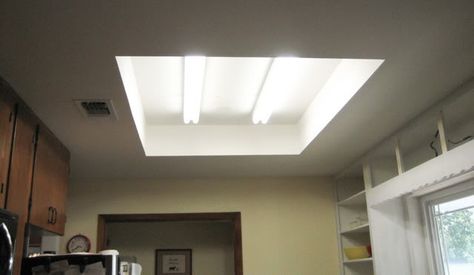 What to do with this recessed light box thing? - Kitchens Forum - GardenWeb Kitchen Flourescent Light Box Update, Florescent Light Cover Kitchen, Replace Florescent Kitchen Light Ideas, Flouresant Light Makeover, Flourescent Box Light Update, Where To Put Recessed Lighting, Kitchen Light Box Makeover, Recessed Ceiling Ideas, Replace Recessed Lighting