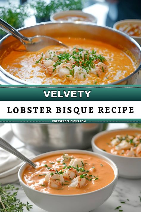 I’m absolutely in love with this velvety lobster bisque recipe! Creamy, rich, and bursting with flavor, it’s the perfect dish for a special occasion or to indulge yourself on a cozy night in. I topped it with succulent chunks of lobster and fresh chives, making it not just delicious but visually stunning as well. You have to try this recipe for an unforgettable dining experience! Creamy Lobster Bisque, Frozen Lobster Tails, Lobster Soup, Lobster Bisque Recipe, Lobster Stock, Lobster Recipe, Lobster Bisque Soup, Frozen Lobster, Lobster Dishes